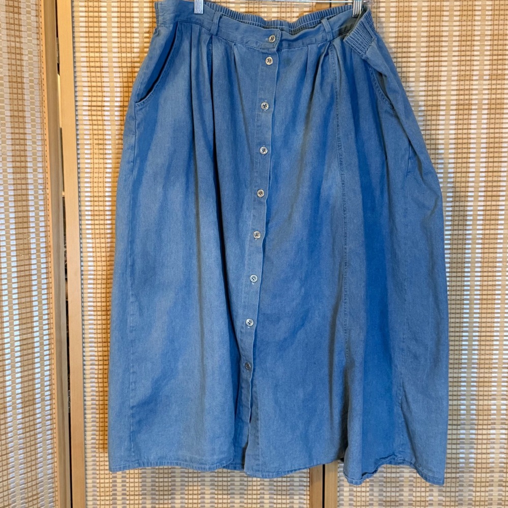 Capacity Women Blue Denim Button Front Midi Skirt Elastic Waist Cotton Large